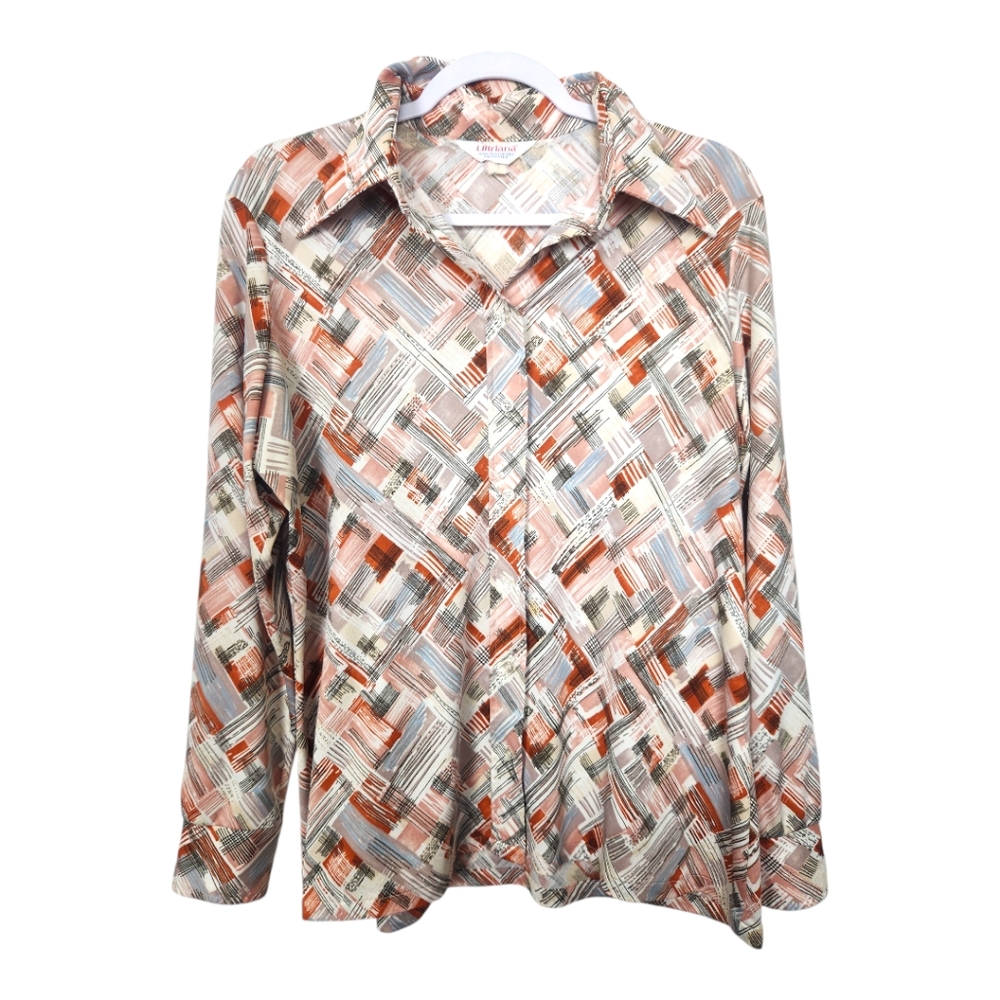 70s Vintage Ultriana Dagger Collar Brushstrokes Print Button Front Blouse